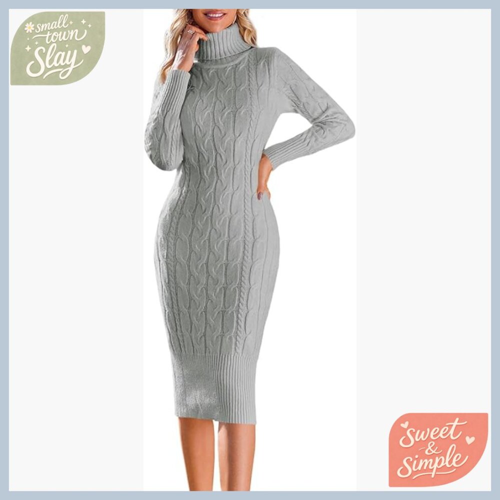 Long Sleeve Turtleneck Sweater Dress Midi Bodycon Knit Pullover